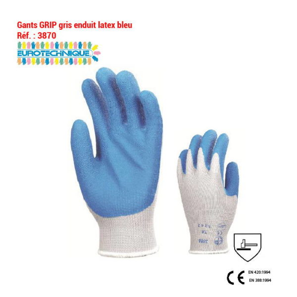 Gant GRIP gris enduit latex bleu Réf. : 3870 - PROSAFE ALGERIE