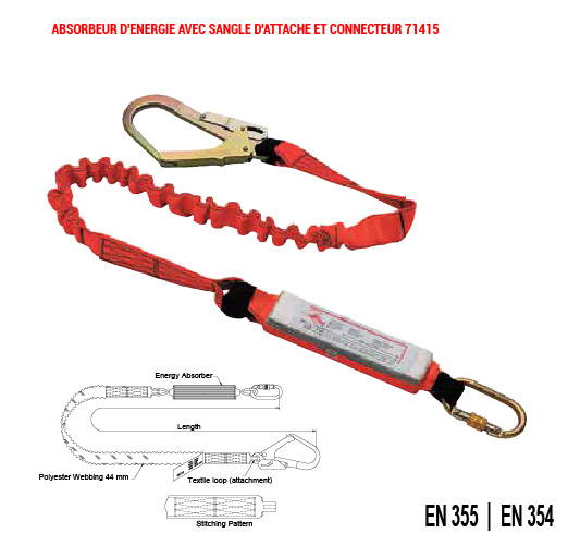 Longe à absorbeur sangle élastique avec énergie d'absorbeur intégré et 2  connecteurs aluminium ouverture 60mm - COVERGUARD - MisterMateriaux