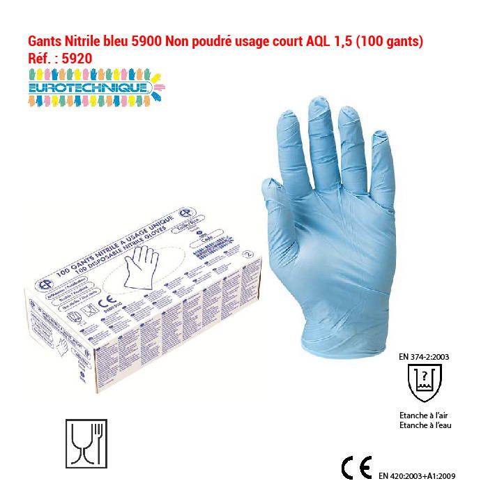 Gant Nitrile bleu 5900 Non poudré usage court AQL 1,5 (100 gants
